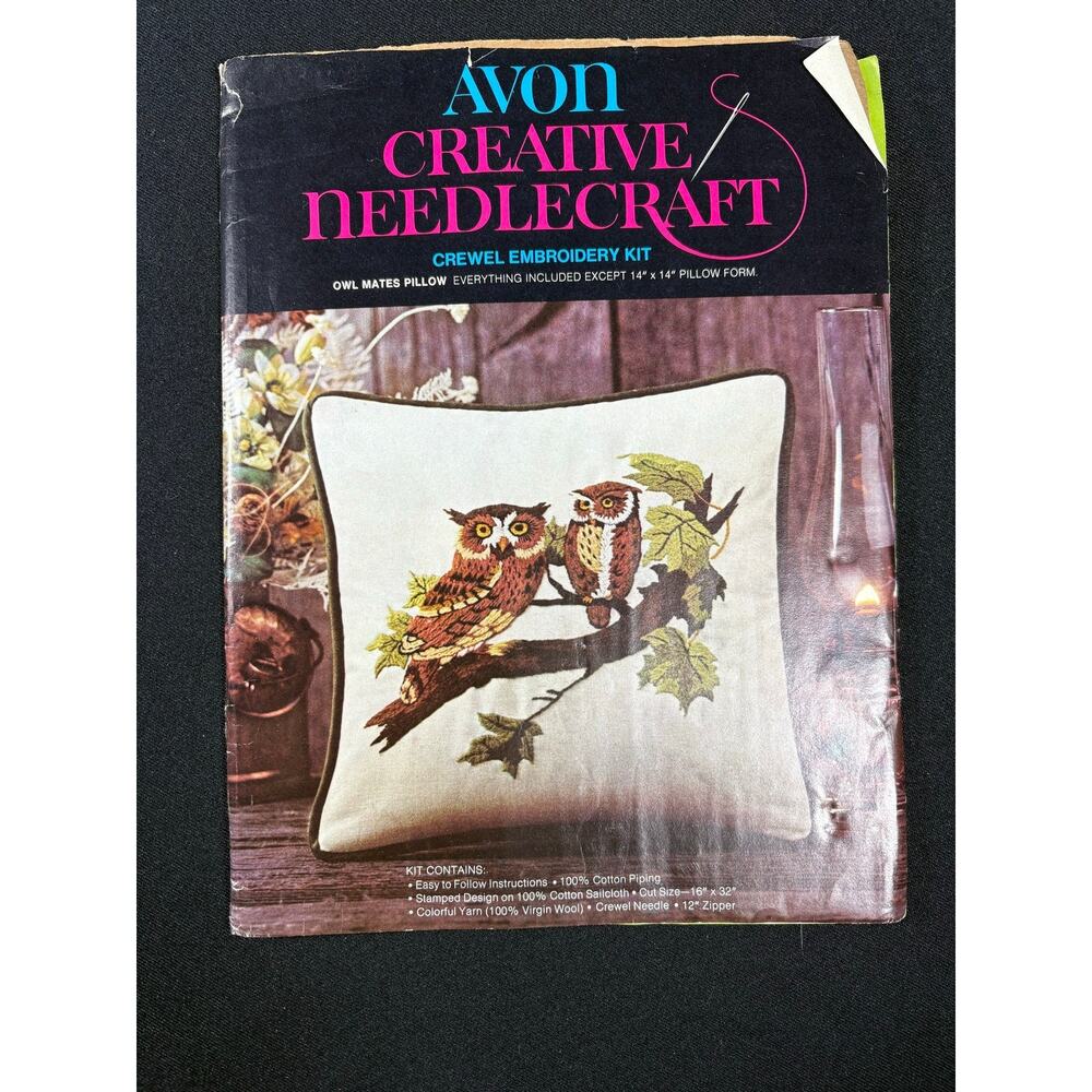 Vintage Avon Creative Needlecraft Crewel Embroidery Kit Owl Mates Pillow - Picture 2 of 6